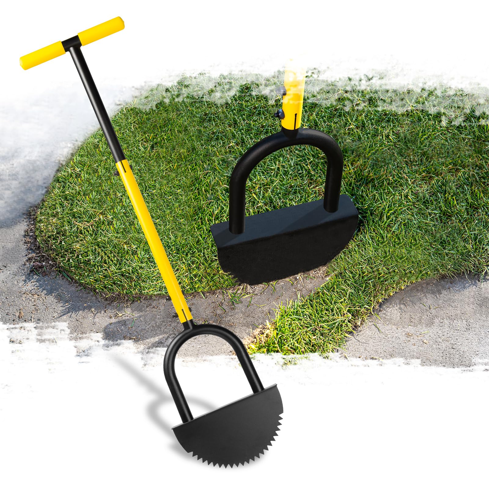 BlumeTrec manual edger with adjustable length for varied reach and comfort during edging tasks.
