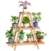 BMOSU 3-tier bamboo plant stand viewed from the side showing eight-pot capacity