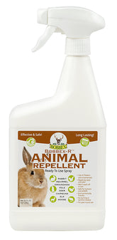 Bobbex animal repellent spray bottle deterring rabbits and squirrels in outdoor gardens.