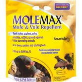 Bonide MOLEMAX granules applied to lawn deters burrowing pests.