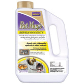 Bonide Rat Magic granules in shaker bottle for outdoor rodent deterrence.