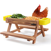 Boulphia picnic-table feeder and waterer keeps feed tidy and accessible.