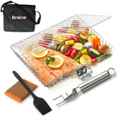 Braize stainless steel large grill basket with removable handle for controlled high-heat grilling.