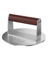 Brigii burger press in stainless steel with round design for uniform patties and even browning