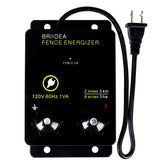 Briidea 2-Mile Energizer front view showing 8-acre coverage for wildlife deterrence