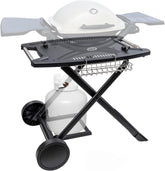 Broil-X portable cart fits Weber Q1000 and Q1200 for easy outdoor grilling.