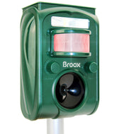 Broox solar animal repellent front view deters pests with motion-activated ultrasonic sound.