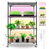 Bstrip plant shelf with grow lights for organized indoor gardening and seed starting.