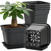 BTPLASTIK 8'' square planter with tray, front view shows drainage slits for root aeration.