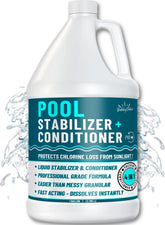 BubbyShine pool stabilizer bottle pour showing chlorine retention in sun exposure.