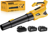 BUBRA cordless leaf blower front view with ergonomic grip for comfortable use.