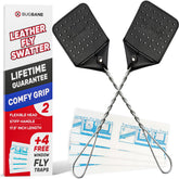 BugBane leather fly swatter two-pack with long handle for hard-to-reach areas