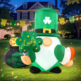 Buheco St Patrick's inflatable gnome with shamrock glows at night for curb appeal