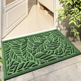 Bulijojo front door mat with green leaves design; absorbs moisture and traps dirt to keep entrances cleaner.