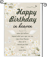 bunldapoog Happy Birthday in Heaven banner burlap flag for outdoor memorial display.