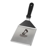 Burger Iron Sasquash Spatula with wide press surface for ultra-thin smash burgers.