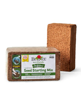 Burpee organic coconut coir brick, dry and ready to expand for seed starting.