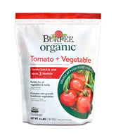 Burpee Organic Tomato and Vegetable Granular Plant Food bag shows steady nutrient release for growth