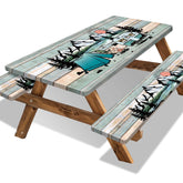 Butaluk picnic table cover with wood texture protects outdoor dining.