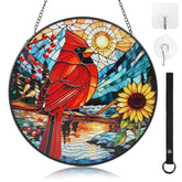 Byonique cardinal sunflower suncatcher in a sunlit window adds warm color