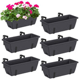 CADUKE railing planter boxes assembly view with adjustable brackets on rails.