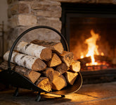 CALIDOLA log holder indoor/outdoor highlights sturdy iron build for versatile wood storage.