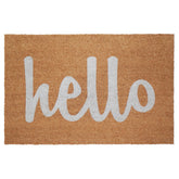 Calloway Mills Script Hello Doormat front view in off-white; durable coir for effective shoe scraping