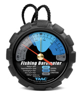 Camco TRAC Outdoors fishing barometer dial close-up with color-coded indicators for fishing conditions.