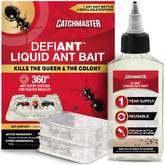 Catchmaster DEFIANT liquid bait bottle for year-long indoor ant control.