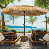 CBFULLRES 8FT Tiki Umbrella in patio setup provides shaded outdoor gatherings.
