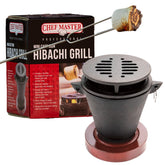 Chef Master mini hibachi pit setup with cast iron pan for family grilling.