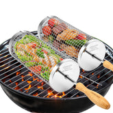 Chenovate rolling grill basket with wood handle for comfortable, secure grilling.