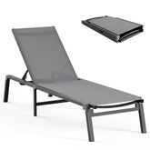 Ciokea aluminum chaise lounge folded for easy storage and transport.