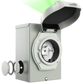 CircleCord 50A inlet box front view showing rugged outdoor housing and access