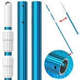 CKE upgraded blue aluminum pool pole extended to 15 feet for deep cleaning reach.