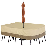Classic Accessories Veranda 108-inch table cover with umbrella hole protects patio furniture outdoors.