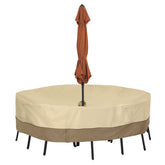 Classic Accessories Veranda round cover protecting a patio set with umbrella hole