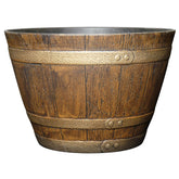 Classic Home & Garden whiskey barrel planter in oak brown, ideal for indoor or outdoor decor.