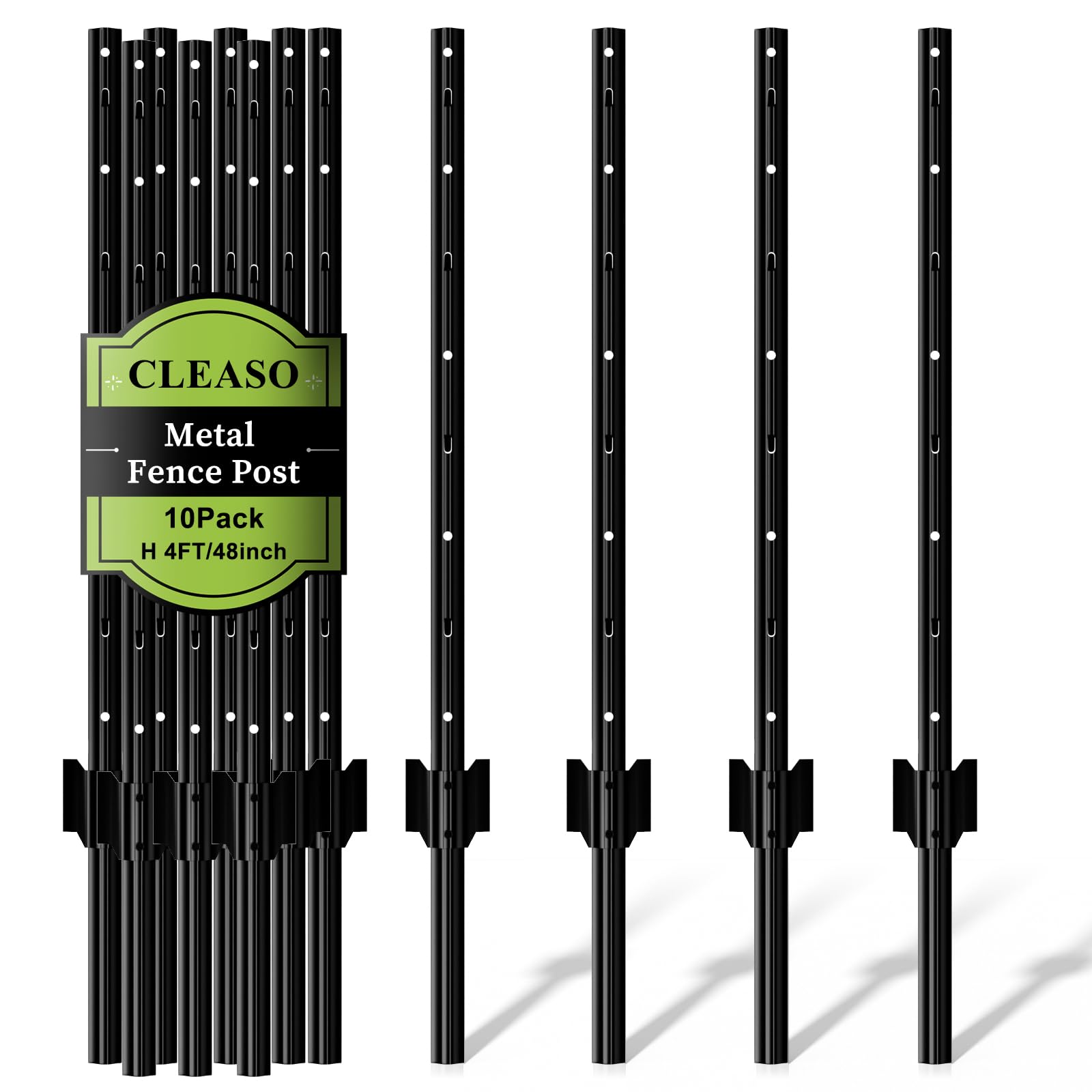 CLEASO 10-pack metal fence posts for 4 ft sections, durable and weather-resistant.