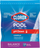 CLOROX Pool&Spa pH Down bottle pouring to lower pH for balanced water.