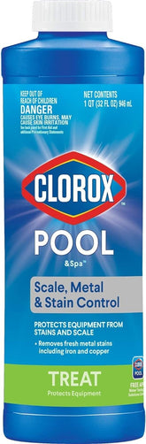 Clorox Pool&Spa scale and metal stain control bottle prevents metal stains in your pool