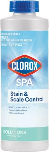 Clorox Pool&Spa Stain & Scale Control bottle protects spa surfaces from stains