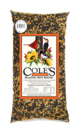 Cole's BH05 Blazing Hot Blend bottle-pour shows a seed mix designed to attract diverse birds