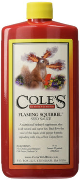 Cole's Flaming Squirrel Seed Sauce bottle; spicy seed coating deters squirrels at feeders