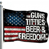 Colorato Guns Beer & Freedom flag front view for bold patriotic decor.