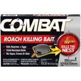 Combat roach killing bait stations 12-count pack ready for placement.