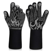 Comsmart BBQ gloves showing 1472°F heat resistance for high-heat grilling.