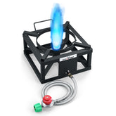 COOKAMP propane burner full view for ready-to-use outdoor cooking with large pots.