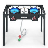 COOKAMP two-burner stove ready for camping outdoors
