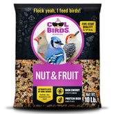 Cool Birds Nut & Fruit seed bag front shows premium energy-rich blend for backyard feeding.